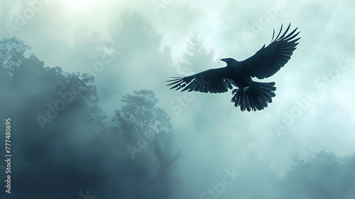 A sleek crow gracefully gliding through a misty morning sky, with hints of dawn breaking in the background