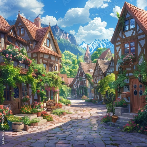 Dreamy village in Europe with cobblestone streets. Imaginary world setting. Artistic portrayal. CGI imagery for gaming. Creative industry visuals. Abstract landscape design. Innovative AI creation.