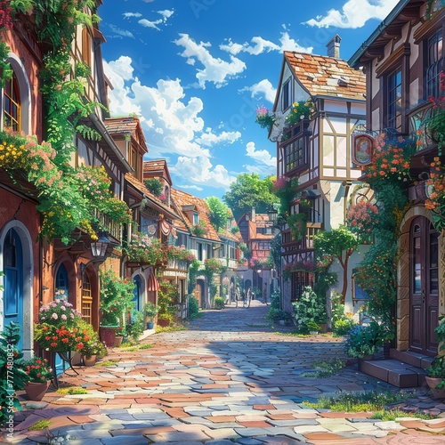 Dreamy village in Europe with cobblestone streets. Imaginary world setting. Artistic portrayal. CGI imagery for gaming. Creative industry visuals. Abstract landscape design. Innovative AI creation.