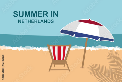 Summer in Netherlands, beach chair and umbrella, vacation or holiday