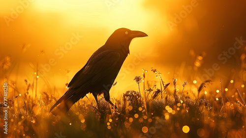 A sleek raven silhouetted against a golden sunrise, casting a dramatic shadow on a dewy meadow photo