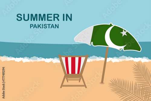 Summer in Pakistan, beach chair and umbrella, vacation or holiday