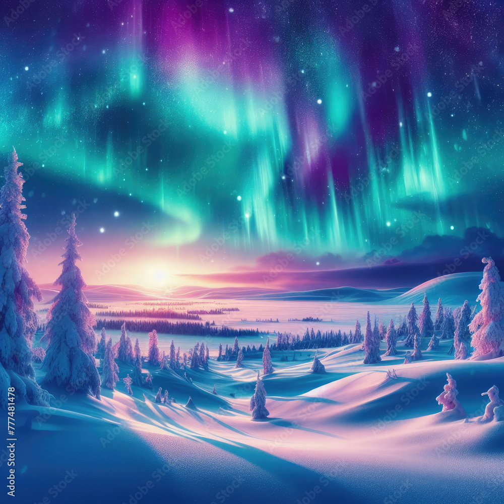 Generative AI, AI-generated art, Beautiful views of snowy auroras, beautiful aurora views, beautiful colorful aurora sightings, aurora views in the snow season, impressive views of night auroras 