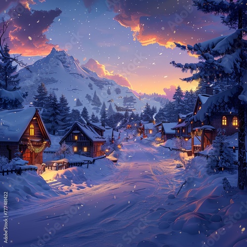The peaceful Christmas Eve was filled with twinkling lights and laughter as families gathered to celebrate in the small village nestled among the snow-covered hills. © tonstock