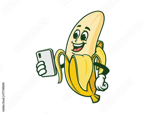 Banana holding gadget cartoon mascot illustration character vector clip art hand drawn