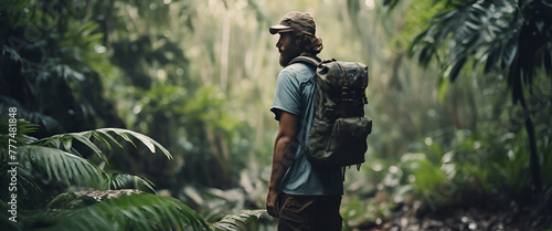 A backpacker in the jungle, surrounded by dense greenery and misty air. He is wearing dark hiking with black pants and an olivecolored shirt under his jacket.