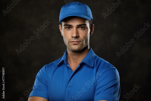 Face portrait of a worker in blue uniform