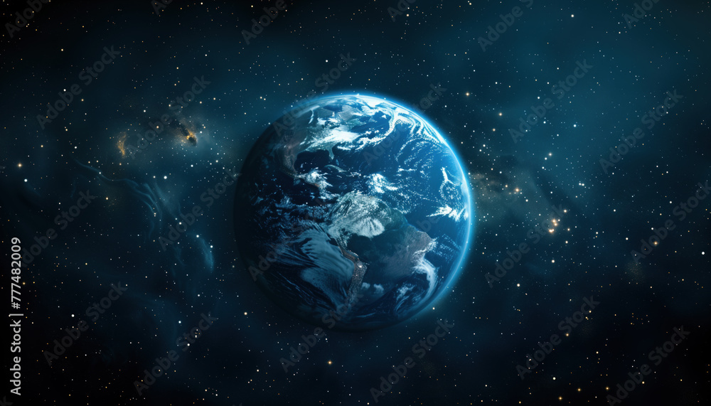 Obraz premium Earth from space showing continents and oceans against a starry cosmos backdrop.