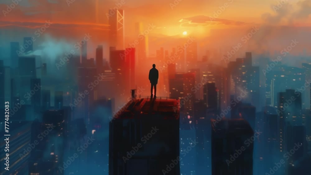 The silhouette of a lone figure stands atop a skyser gazing out at the ...