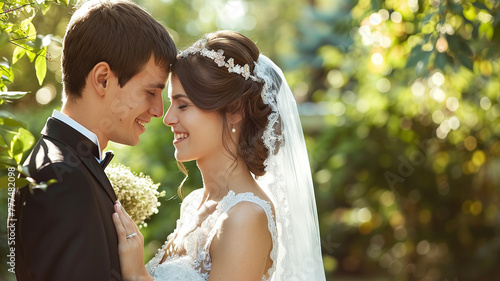 bride and groom on wedding background, happy wedding scene, romantic scene
