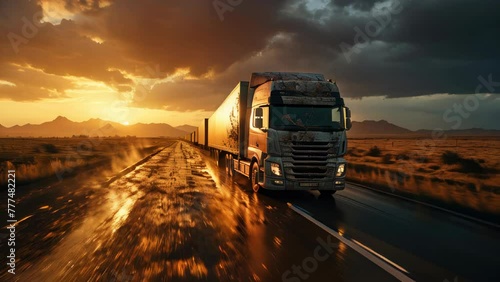 Truck with cargo on the road at sunset. Concept of logistics and transportation photo