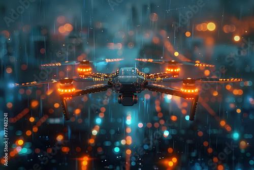 Dynamic wireframe visualization against glowing translucent background, showcasing innovative drone technology in futuristic concept © River Girl