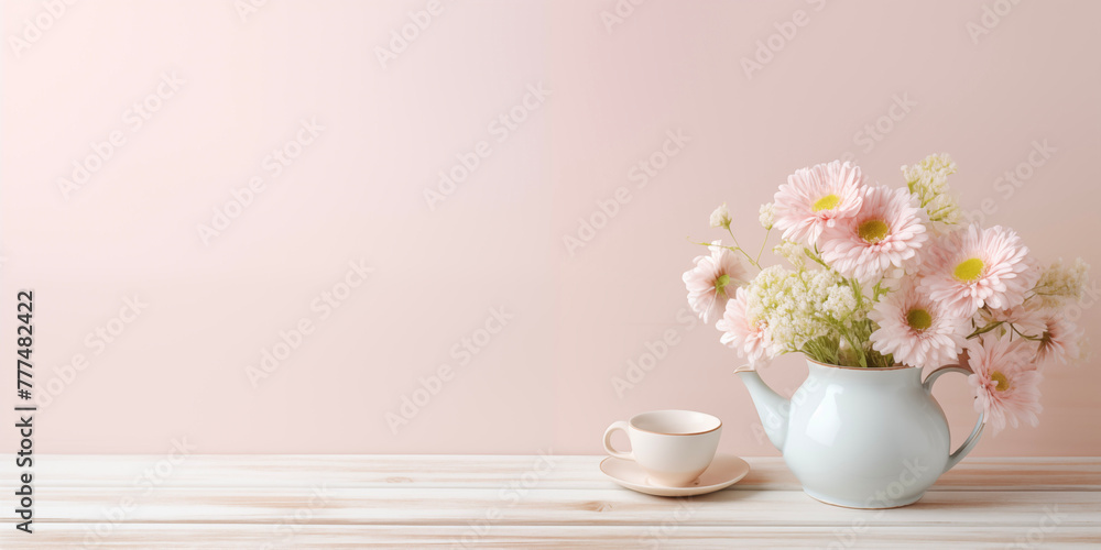 Mother's Day card. International Women's Day. Flowers and cup. Mother's Day card. International Women's Day. Flowers and cup.