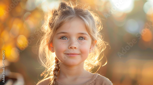 Portrait of a smiling young girl with sparkling eyes, bathed in warm golden sunlight with a soft-focus autumnal background.