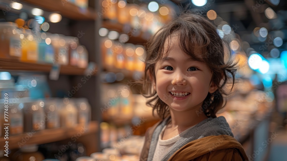 Joyful Asian Japanese kids in business attire chat and laugh by an exhibition booth, with tables of products and milk cups in the background. Joyful Asian Japanese kids in business attire chat and laugh by an exhibition booth, with tables of products and milk cups in the background.