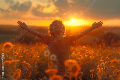 Young boy with arms spread wide in sunset