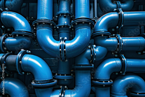 Closeup of numerous blue pipes in a large pipe rack with a variety of sizes and shapes against a neutral background