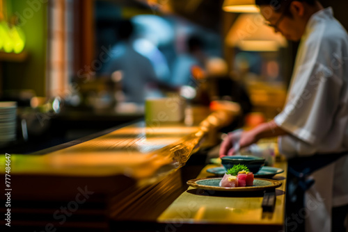 Sushi chef prepares dishes before serving in a restaurant, modern kitchen decoration for menu, blurred background and selective focus on dish on counter