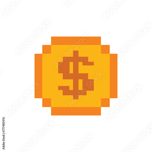Dollar coin pixel art for 16 bit retro game. Vector golden pixelated coin isolated on white background. Illustration of money 8bit.