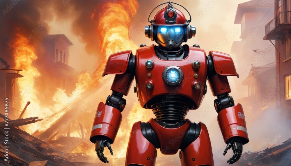 A vivid portrayal of a futuristic red robot ready for search and rescue amidst the flames and destruction of a city fire.. AI Generation A vivid portrayal of a futuristic red robot ready for search and rescue amidst the flames and destruction of a city fire.. AI Generation