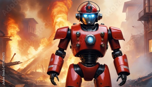 A vivid portrayal of a futuristic red robot ready for search and rescue amidst the flames and destruction of a city fire.. AI Generation