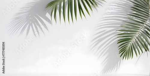 Abstract Spring and summer background for product presentation  blurred shadow from palm leaves on the white wall. 
