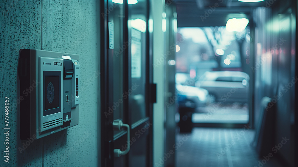 A closeup of a fingerprint scan access control system machine on a wall near the entrance door of an office emphasizes security and technology A closeup of a fingerprint scan access control system machine on a wall near the entrance door of an office emphasizes security and technology