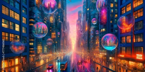 Futuristic City Street with Floating Bubbles at Twilight 