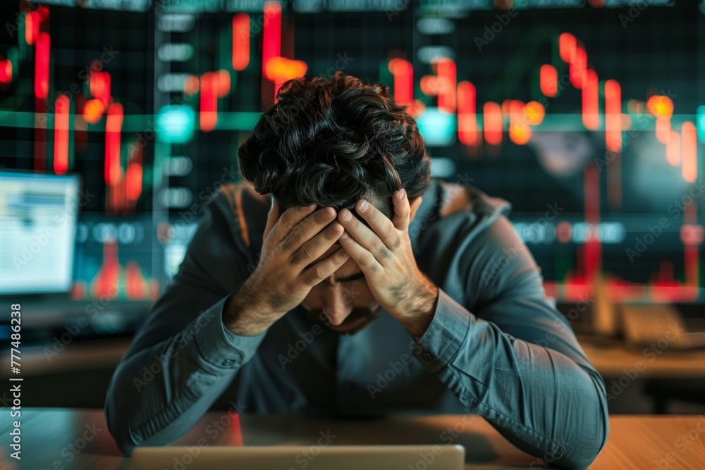 Stressed trader in front of stock market charts Stressed trader in front of stock market charts