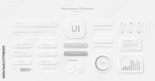 A collection of icons for user interface development in white and gray. A set of user interface elements for a mobile application. Buttons for mobile devices in the style of neumorphism, UI, UX. Vecto