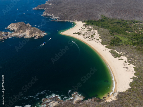 Cacaluta Bay from above, drone view. Bahias Huatulco, Oaxaca 