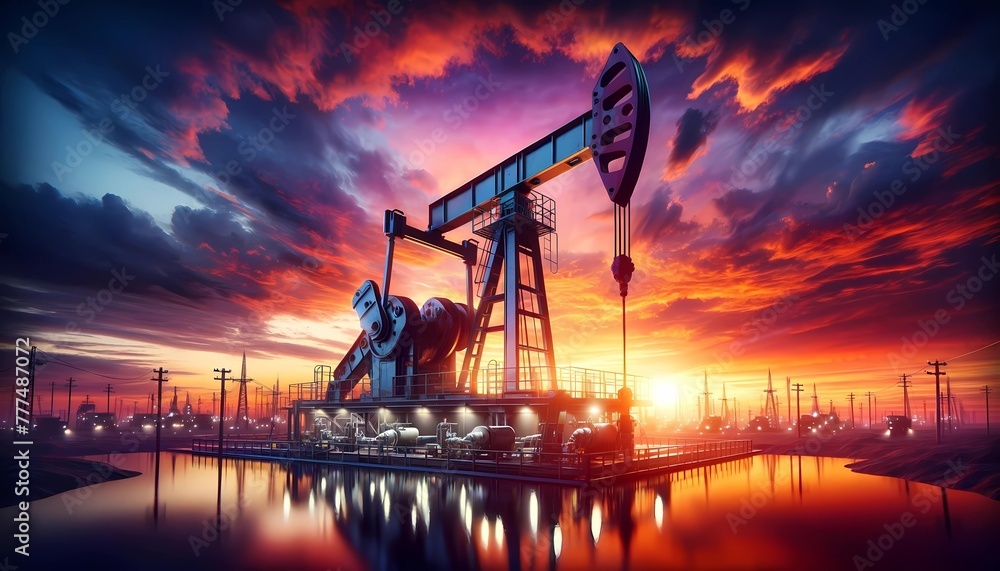 Oil rig platform in  the ocean  with sunset for signifying energy production and marine engineering concept
