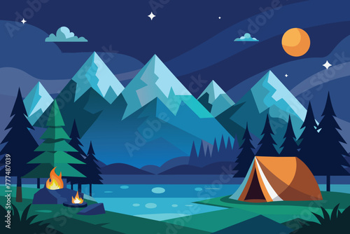 Mountain night camping. Cartoon forest landscape with lake  tent and campfire  sky with moon. Hiking adventure  nature tourism vector
