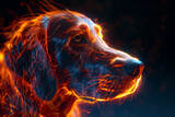 Ethereal wireframe visualization against radiant translucent backdrop, featuring a canine figure in futuristic concept