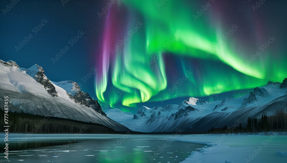 The Northern Lights or Aurora Borealis dance in the night sky over a landscape of mountains.  It's a breathtaking view of a beautiful ocean inlet or fjord.