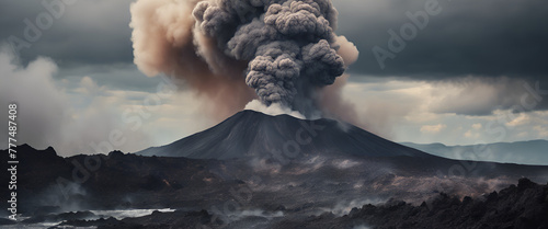 A volcanic eruption with dark clouds and ash, a mountain in the background, and smoke rising from its peak. photo