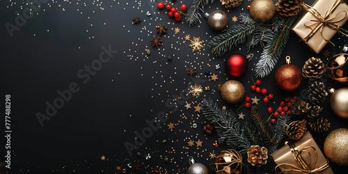 A black christmas background with small golden stars and gift boxes decorations  Xmas banner design  Happy New Year  party invitation card template  winter holiday  copy space