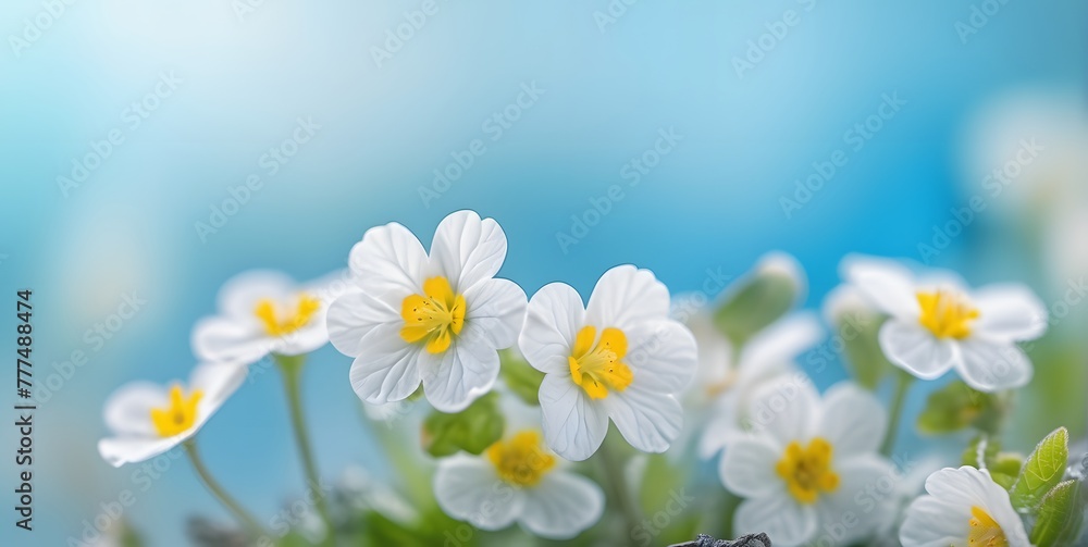 Macro blurred spring forest white flowers primroses on a blue sky background with blank space for text, Spring, summer concept