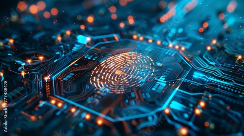 futuristic digital processing of biometric fingerprint scanner. concept of surveillance and security scanning of digital programs and fingerprint biometrics. cyber futuristic applications, future.