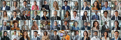 Mosaic collage of male businessmen and female businessmen of multiethnic face and different ages, portraits of successful people smiling at the camera photo