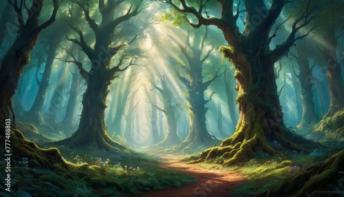 A stunning digital painting captures the tranquil beauty of sunbeams filtering through a majestic old-growth forest, illuminating a gentle path.. AI Generation