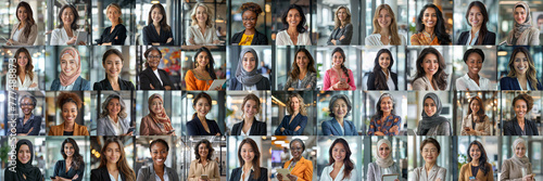 Mosaic collage of female businesswomen of multiethnic face and different ages, portraits of successful women smiling at the camera