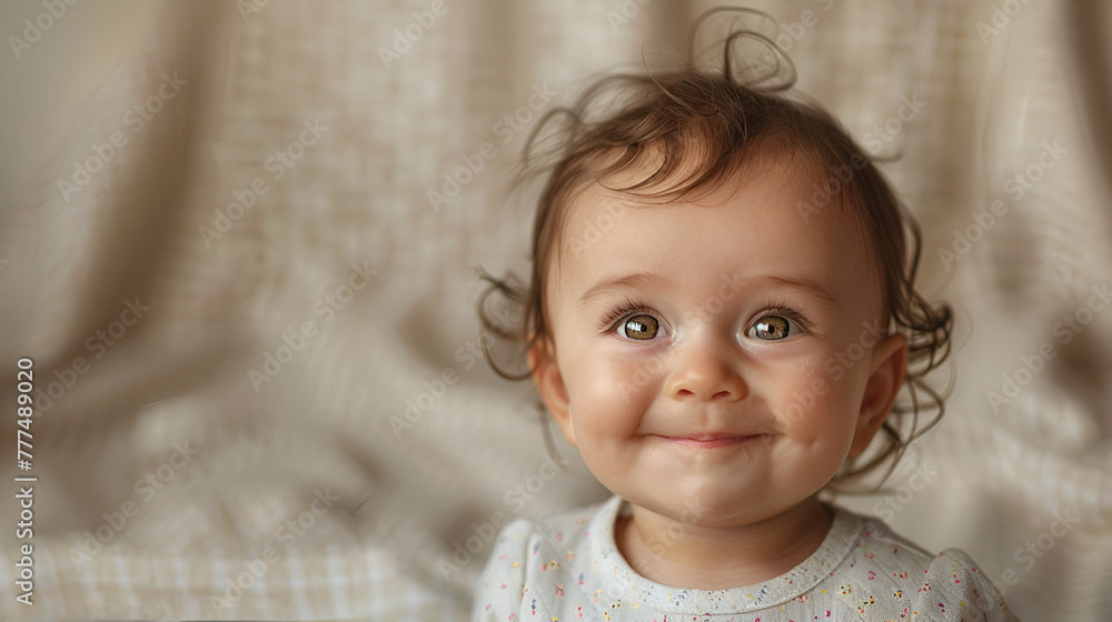 Banner with cute smiling baby with empty space for text over teal background, Smiling baby boy with pacifier portrait, baby sitting on a white bed, Generative Ai