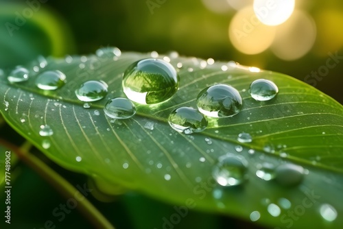 Macro closeup, Transparent drops of rain water on a green leaf, Drops of dew in the morning, Summer and spring natural background
