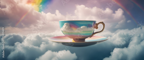 A teacup floating in the sky, with rainbow colors and clouds. High resolution and high detail. photo