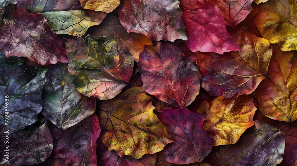 A close-up texture of abstract, multicolored leaves in autumn hues, with a rough, tactile surface resembling an organic art painting. The colors blend naturally, evoking a sense of autumn. A close-up texture of abstract, multicolored leaves in autumn hues, with a rough, tactile surface resembling an organic art painting. The colors blend naturally, evoking a sense of autumn.