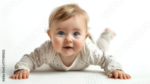 Banner with cute angry baby with empty space for text over teal background, Smiling baby boy with pacifier portrait, baby sitting on a white bed, Generative Ai © HayyanGFX