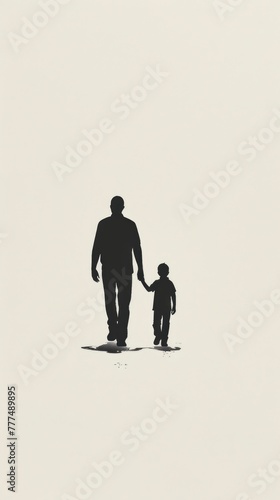 I need a hand-drawn illustration in the minimalist style of a silhouette of a father and son walking together. The design should convey simplicity, sophistication - generative ai