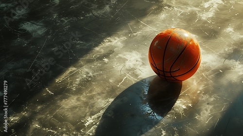 an artistic representation of a basketball ball lying on the polished floor of a sport arena or stadium, with the play of sunlight creating dynamic shadows and highlights attractive look © Ghulam