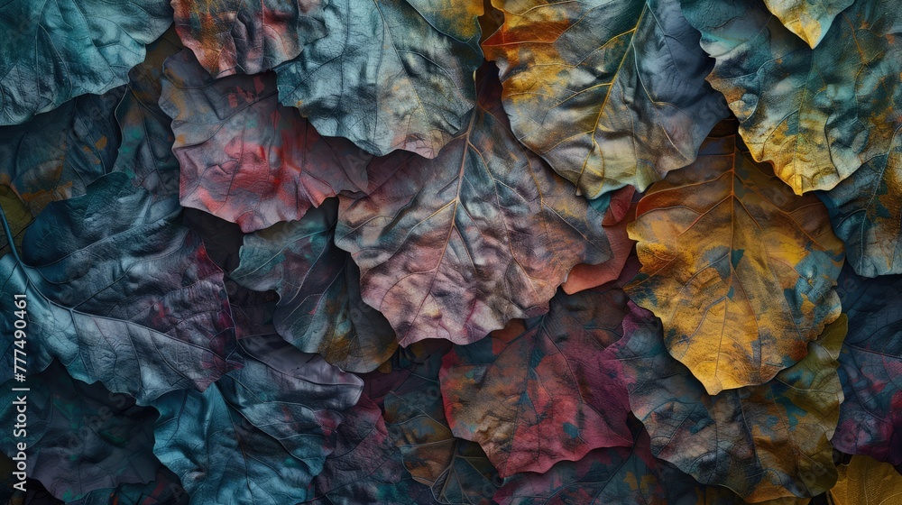 A close-up texture of abstract, multicolored leaves in autumn hues, with a rough, tactile surface resembling an organic art painting. The colors blend naturally, evoking a sense of autumn.